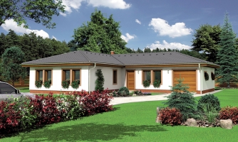 L-shaped house project facing the street. Large 6-room family house with a garage. 